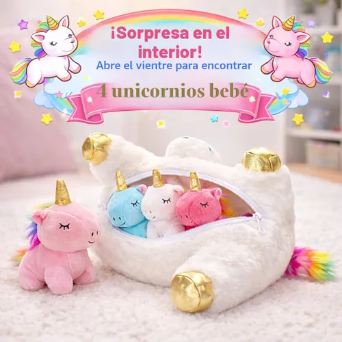 Vista 4 de KMUYSL Juguetes para Niñas de 0 1 2 3 4 5 6 7 8+ Años – Animal de Peluche de Unicornio Mamá con 4 Bebés Unicornios en su Barriguita, Set de Juguetes