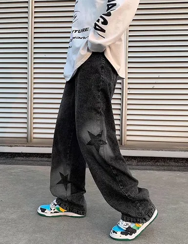 Vista 5 de Pantalones de mezclilla Y2K para hombre, estilo vintage, hip hop, holgados, rectos, tela de araña, con gráficos de estrellas, pantalones