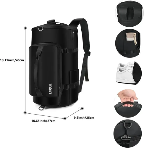 Vista 2 de Bolsa de gimnasio para mujeres y hombres, bolsa de lona deportiva, mochila de viaje, bolsa de fin de semana con compartimento para zapatos, Negro