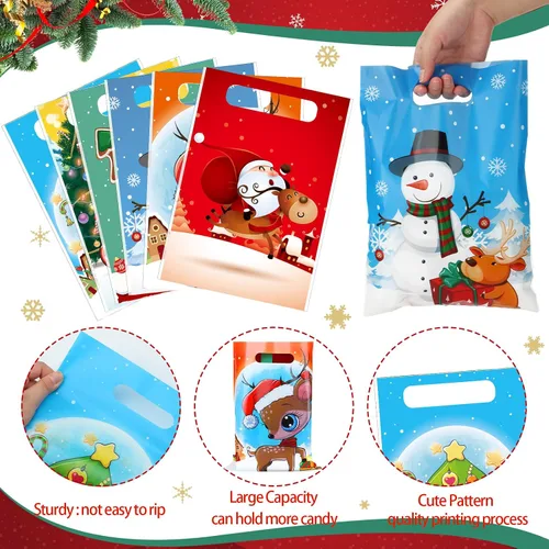 Vista 5 de Sinmoe - 200 bolsas de plástico navideñas de 9 x 12, colores mezclados Con asas, reutilizable para fiestas minoristas de caramelos, diseños
