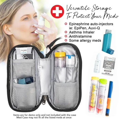 Vista 2 de PracMedic Bags Epipen - Estuche de transporte aislado para bolígrafos Epipens, Auvi-Q, inhalador, medicamentos para alergias y suministro de Negro