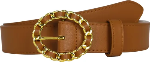 Vista 100 de Cinturón de cuero clásico con hebilla de metal para mujer con vestido de jeans