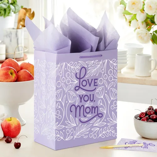 Vista 2 de Hallmark Bolsa de regalo grande de 13 pulgadas para el Día de la Madre con papel de seda y tarjeta (Love You Mom, lavanda, flores modernas)