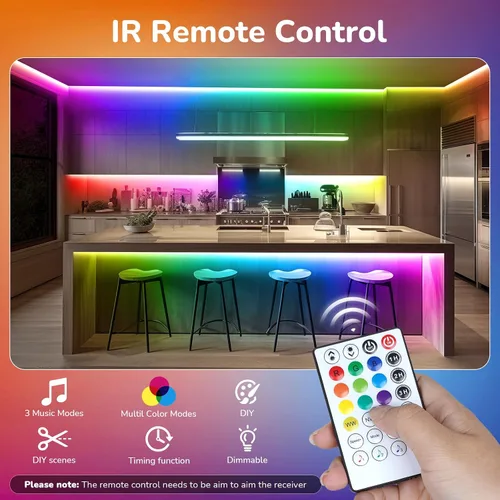 Vista 6 de Tira de luces LED RGBWW+IC de 50 pies, regulable, multicolor, 3000K-6500K luces LED con control remoto, cinta de luces RGB autoadhesivas que cambian