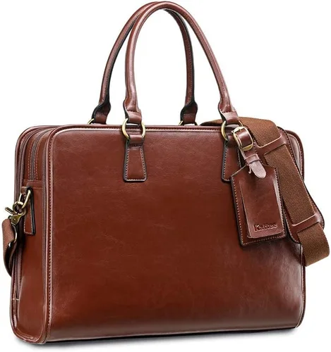 Vista 11 de Kattee Maletín de cuero genuino para mujer, bolsa de computadora portátil de gran capacidad con etiqueta de equipaje Negro