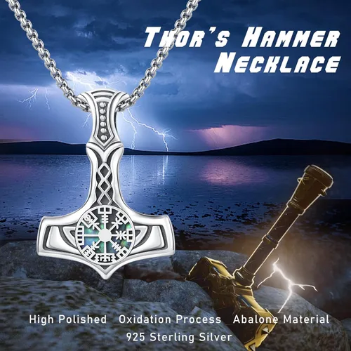 Vista 5 de Mjolnir Collar de plata esterlina S925 Vegvisir Thors Hammer Neckalce Viking nórdico nórdico collares regalos para hombres niños, Plata esterlina