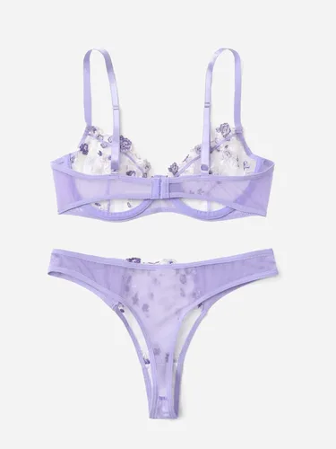 Vista 2 de WDIRARA Conjunto de lencería de 2 piezas con bordado floral y aros para mujer