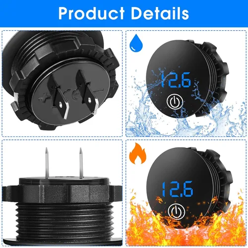 Vista 3 de 2 voltímetros de pantalla LED de 5 a 48 V CC para automóvil, medidor de voltaje digital impermeable con interruptor táctil para barco, vehículo