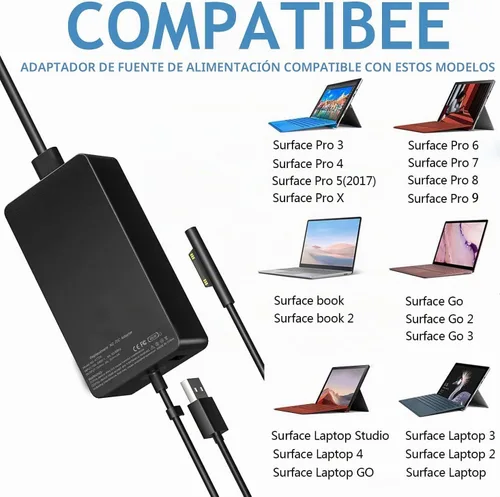 Vista 6 de Cargador de portátil Surface Pro de 65 W para Microsoft Surface Pro 10/9/8/7/6/5/4/3/X, Windows Surface Laptop 6/5/4/3/2/1, Surface Book 3/2/1
