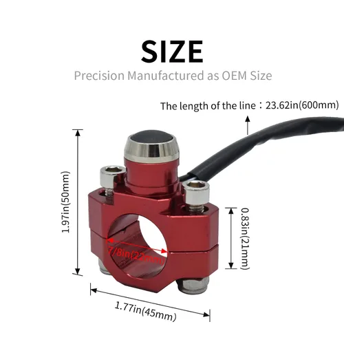 Vista 4 de CNC Aluminio 7/8 "Manillar de motocicleta Control cuerno arranque interruptor botón acción momentánea con dos conectores bala rojo