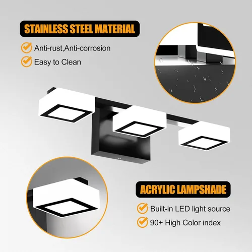 Vista 11 de Lámparas LED modernas para baño, 3 luces regulables con 5 modos de color, accesorios de iluminación de pared de baño acrílico negro mate sobre