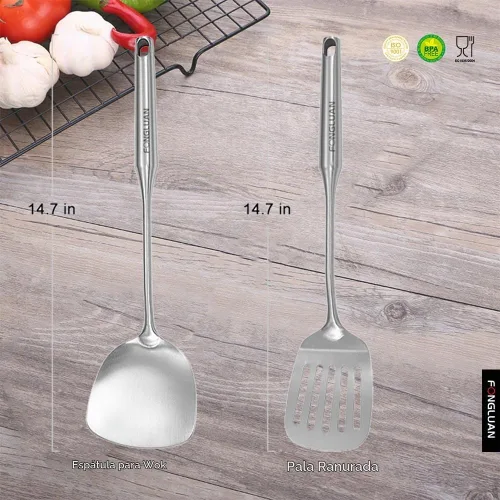 Vista 2 de Juego de 2 espátulas de acero inoxidable, espátula ranurada, espátula wok, utensilios de cocina de metal resistente para cocinar