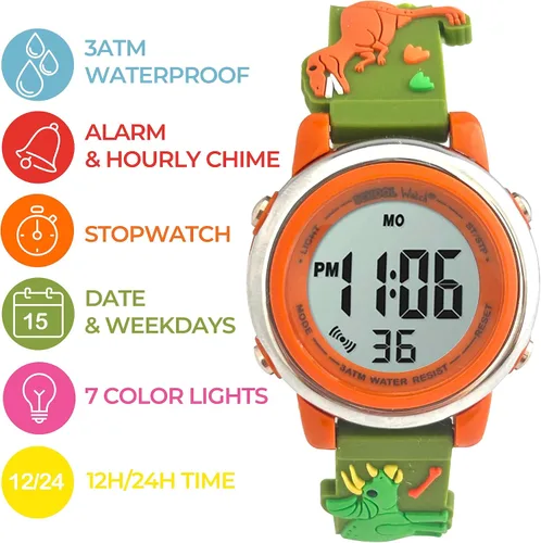 Vista 3 de Preschool Collection Reloj digital con luz para niños, camiones monstruo, dinosaurios, tiburón, unicornio, mariposa, araña, niñas, niños, escuela