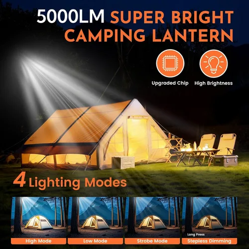 Vista 2 de Paquete de 2 luces de campamento de 12000 mAh, luz de tienda de campaña de 42 W, linterna portátil, linterna LED para campamento, luces de toldo al