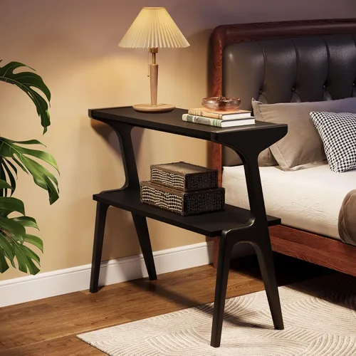 Vista 8 de Tribesigns Mesa auxiliar de madera maciza, mesa de dos niveles moderna y delgada para sofá con estantes de almacenamiento, mesa lateral alta