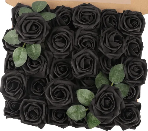 Vista 23 de MACTING 30 PCS Flores Artificiales Rosas Negras y Blancas Flores Falsas con Tallo Rosas de Espuma de Tacto Real para Boda Bola de Besos Ramillete