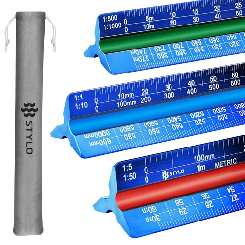 Vista 14 de Stylo Regla de escala de arquitecto de aluminio de 12" con grabado láser, regla triangular de dibujo, ranuras codificadas por color para planos, Gris