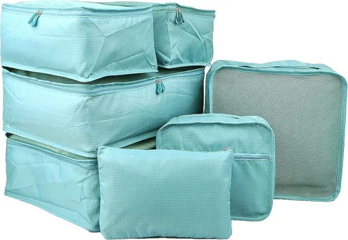 Vista 7 de Vercord Juego de 7 organizadores de equipaje de viaje, organizadores de maleta, bolsas para ropa, ropa interior, cubo para zapatos, paquete azul