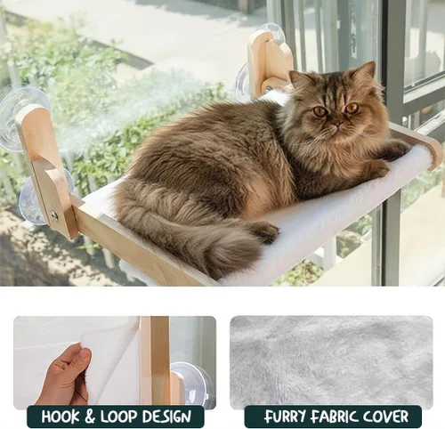 Vista 5 de Percha plegable para ventana de gato con funda peluda de felpa, hamaca para gatos con marco de madera, ventosas resistentes, no requiere
