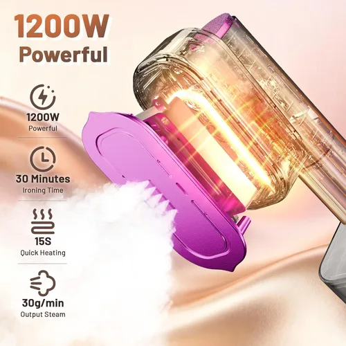 Vista 3 de Vaporizador para ropa, vaporizador de ropa 2 en 1 de mano, plancha de viaje, plancha de vapor de 6 niveles de 1200 W con pantalla LED, calentamiento
