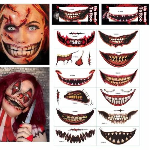 Vista 7 de Maquillaje de broma de Halloween, tatuaje temporal, juego de roles de Halloween, kit de calcomanías decorativas de tatuaje de boca grande