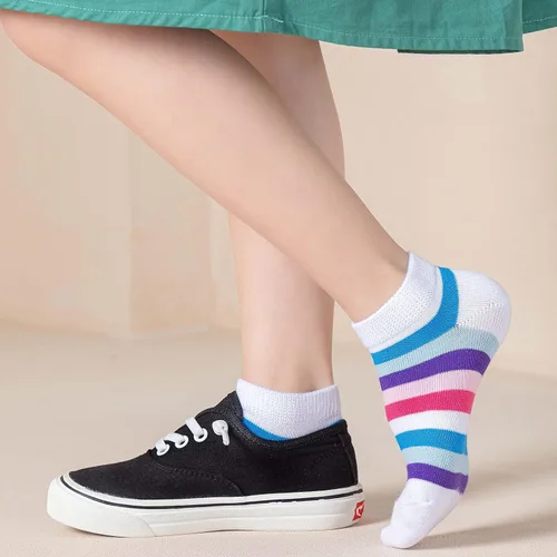 Vista 8 de Marchare Calcetines sin costuras para niñas, calcetines de algodón con rayas de arco iris, paquete de 5