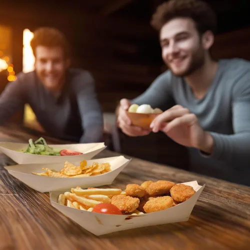 Vista 7 de BambooMN - Platos desechables para barcos de madera para alimentos y aperitivos - 4.3" x 2.5" x 1" - 100 piezas