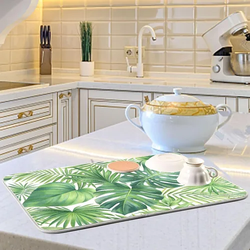 Vista 6 de Tapete de secado de platos con hojas de palma tropical para encimera de cocina, hoja verde de Monstera absorbente de microfibra, almohadilla