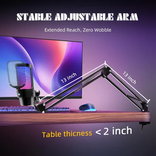Vista 8 de VCOM Micrófono USB para juegos, micrófono de brazo dinámico de condensador para podcasting, transmisión, con soporte de brazo de brazo, silencio