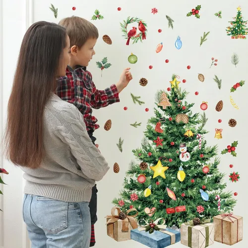 Vista 4 de Spiareal 1 juego de calcomanías de pared para árbol de Navidad, conos de pino acebo extraíbles
