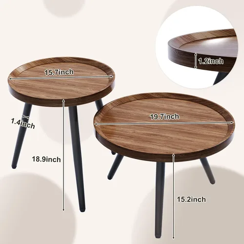 Vista 2 de Juego de 2 mesas de centro redondas pequeñas, mesas de centro de nogal para sala de estar, mesa de centro anidable moderna de mediados de siglo
