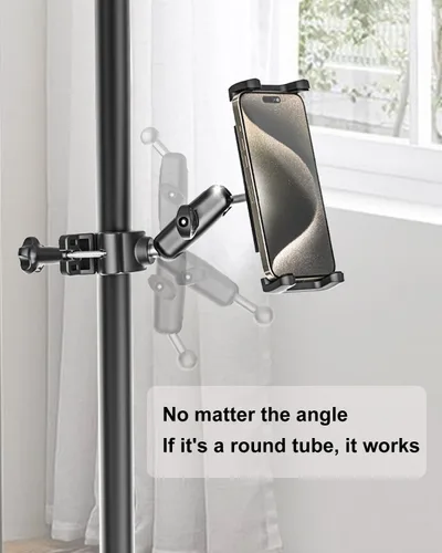 Vista 8 de Soporte para tableta de bicicleta, abrazadera para manillar, brazo de metal antivibración, soporte universal para iPad para cinta de correr