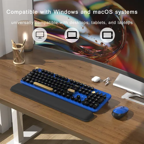 Vista 3 de MPTOG Combo de teclado y mouse inalámbrico de computadora colorido con teclas redondas estilo máquina de escribir, diseño retro, interruptor