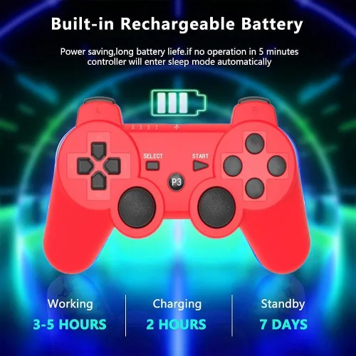 Vista 5 de 2 Pack PS3 Wireless Controller Playstation 3 Controller Wireless Bluetooth Gamepad with USB Charger Cable for PS3 Console (BLUE+RED)