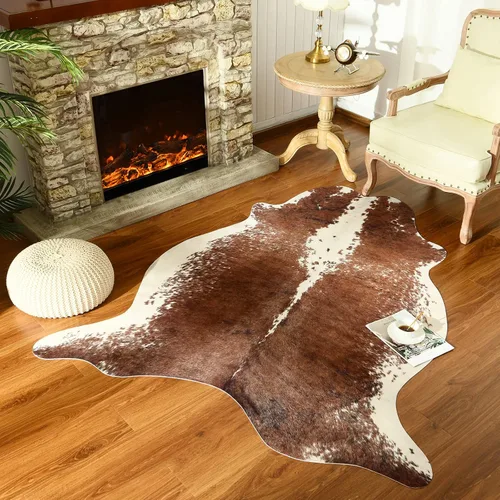 Vista 39 de Easycozy Alfombra de piel de vaca sintética con gran estampado de vaca, 3 x 4 pies, alfombra gruesa y elástica para dormitorio, sala de estar