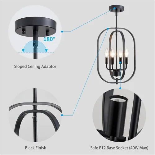 Vista 5 de XINGQI Modernas lámparas de araña para comedor, lámpara colgante rústica geométrica de granja de 31 cm, lámpara de techo de metal negro de 4 luces