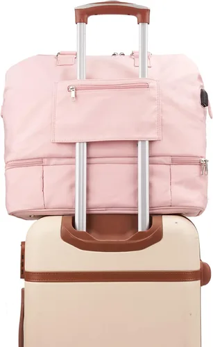 Vista 5 de MINKARS Bolsa de fin de semana con compartimento para zapatos, funda para portátil, puerto de carga USB, Rosado, Bolsa de fin de semana