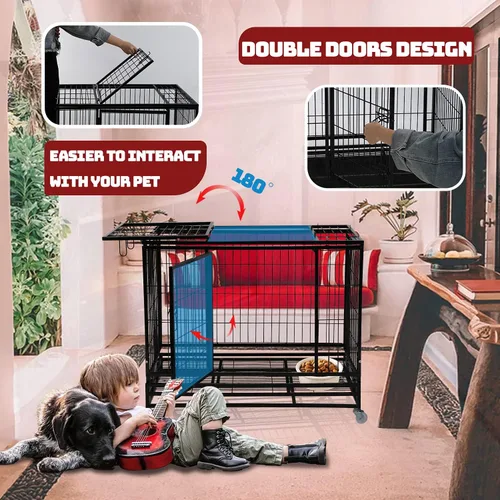 Vista 2 de HCY Jaula para perros grande de 48 pulgadas, resistente, plegable, con ruedas con bloqueo, puertas dobles, bandeja de plástico para mascotas