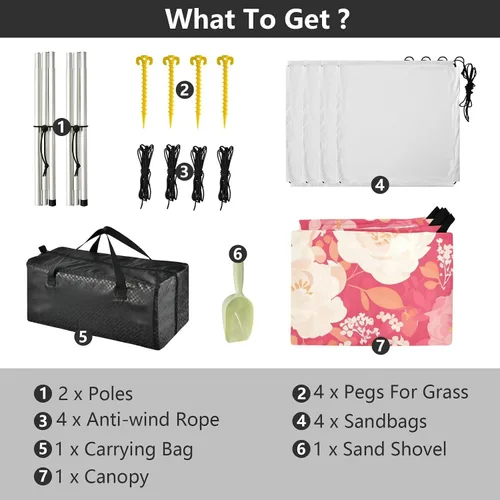 Vista 4 de Pink White Carnation Flowers Beach Canopy UPF50+ Protection Waterproof Large Sun Shade Includes Sand Shovel, Sandbags, Stability Poles for Camping