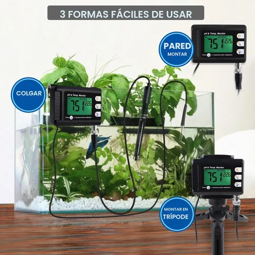 Vista 2 de Medidor digital combinado de pH y temperatura, termómetro de acuario, monitor de pH con función de calibración automática para laboratorio