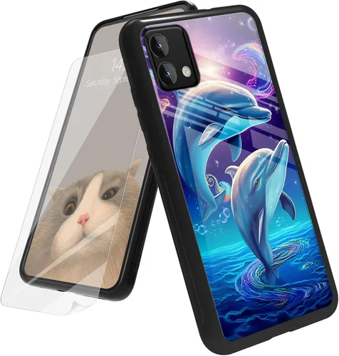 Vista 85 de Funda para Motorola Moto G Play 4G 2024 con protector de pantalla, parte trasera de vidrio templado + funda de silicona suave TPU absorción