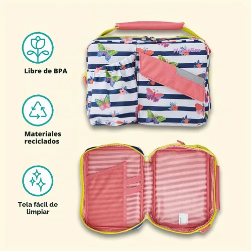 Vista 5 de PlanetBox Rover - Lonchera estilo Bento de acero inoxidable para jóvenes con 5 compartimentos, edición mariposas incluye bolsa de almuerzo aislada