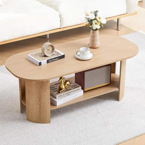 Vista 4 de Mesa auxiliar ovalada para sala de estar, mesas de centro de granja de 43.3 pulgadas con almacenamiento, mesa central de madera de 2 niveles