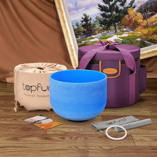 Vista 4 de Topfund Cuenco tibetano de cristal, azul, de 440 Hz, con funda de transporte resistente y mazos, nota G, 10 pulgadas, para chakra garganta