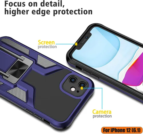 Vista 4 de Funda compatible con iPhone 12 resistente de grado militar a prueba de golpes, doble protección (TPU+PC), funda magnética sólida y duradera para Azul