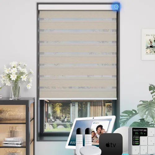 Vista 10 de MYshade Persianas enrollables de cebra opacas (85 %) con cordón para ventanas interiores, persianas de doble capa beige para dormitorio, baño, sala