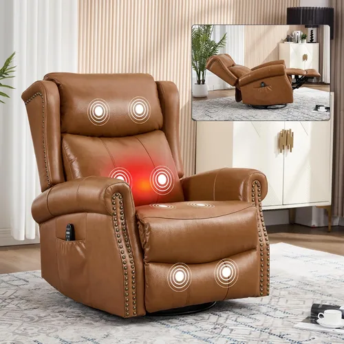 Vista 9 de Trustyue Silla reclinable de piel auténtica, reclinable manual con balancín giratorio, mecedora de masaje y calor, reclinable para guardería Azul