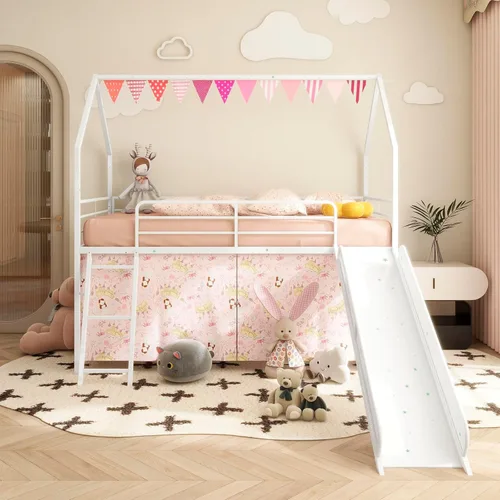 Vista 10 de Cama tipo loft de metal tamaño individual con tobogán y cortina, cama tipo loft con escalera y riel de seguridad, marco de cama tipo loft para niños