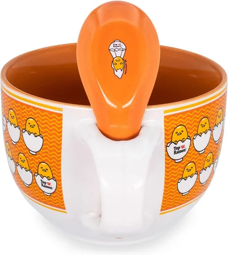 Vista 2 de Sanrio Gudetama x Nissin Top Ramen - Taza de sopa de cerámica de 24 onzas con cuchara Tazón para helado, cereales, avena Taza de café grande