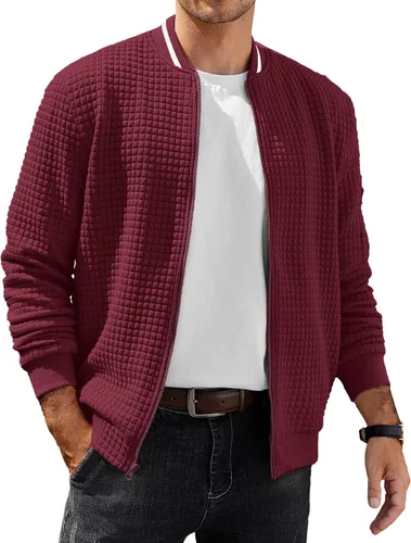 Vista 10 de COOFANDY - Chaqueta de suéter con cremallera para hombre, sudadera acanalada, bomber ligera, casual